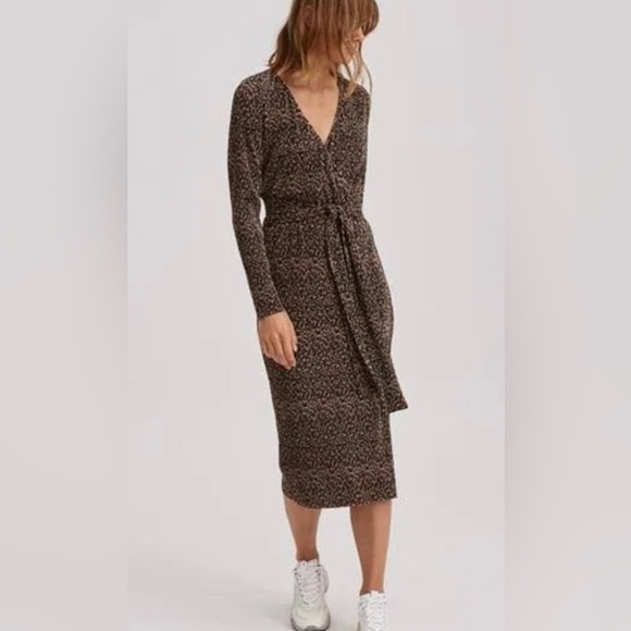THE FIFTH LABEL Brown Black Long Sleeve Leopard Faux Stretch Wrap Midi Dress - Picture 4 of 15